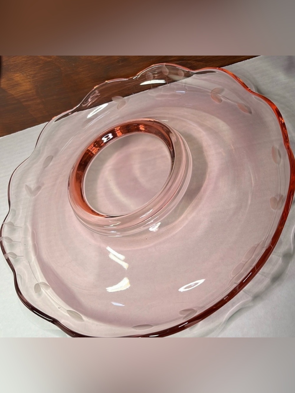 Vintage Cambridge Pink Depression Glass Console Bowl Acid Etched Floral 10.5”